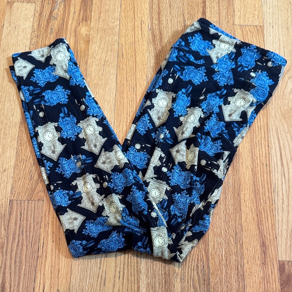 LuLaRoe Blue and Gold Patterned Leggings Womens Tall And Curvy